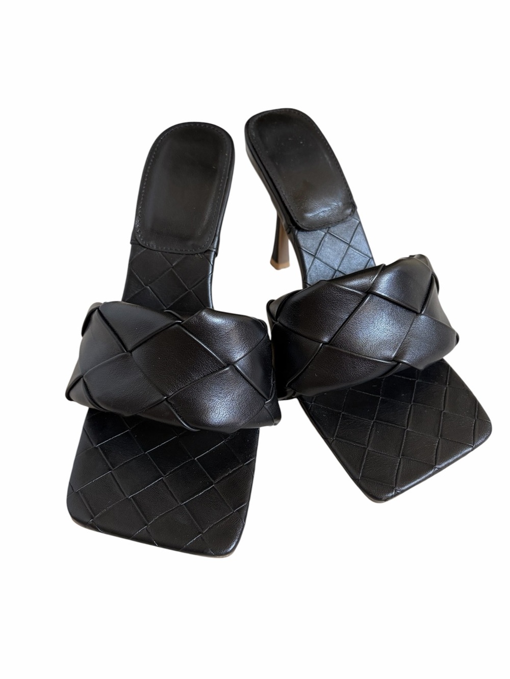 Bottega Black Lido Intrecciato Woven Faux Leather Square-Toe Heeled Sandals 7.5